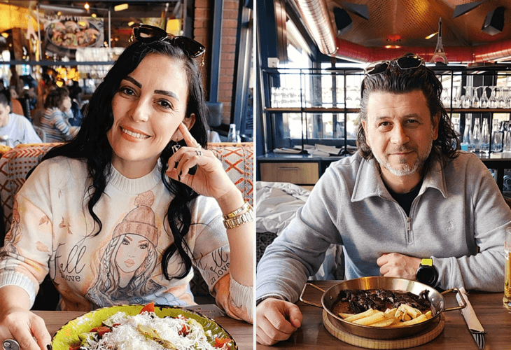 Kezban Özcan ve İlker Özcan Sofya’da bir restoranda Bulgar yemeklerini denerken